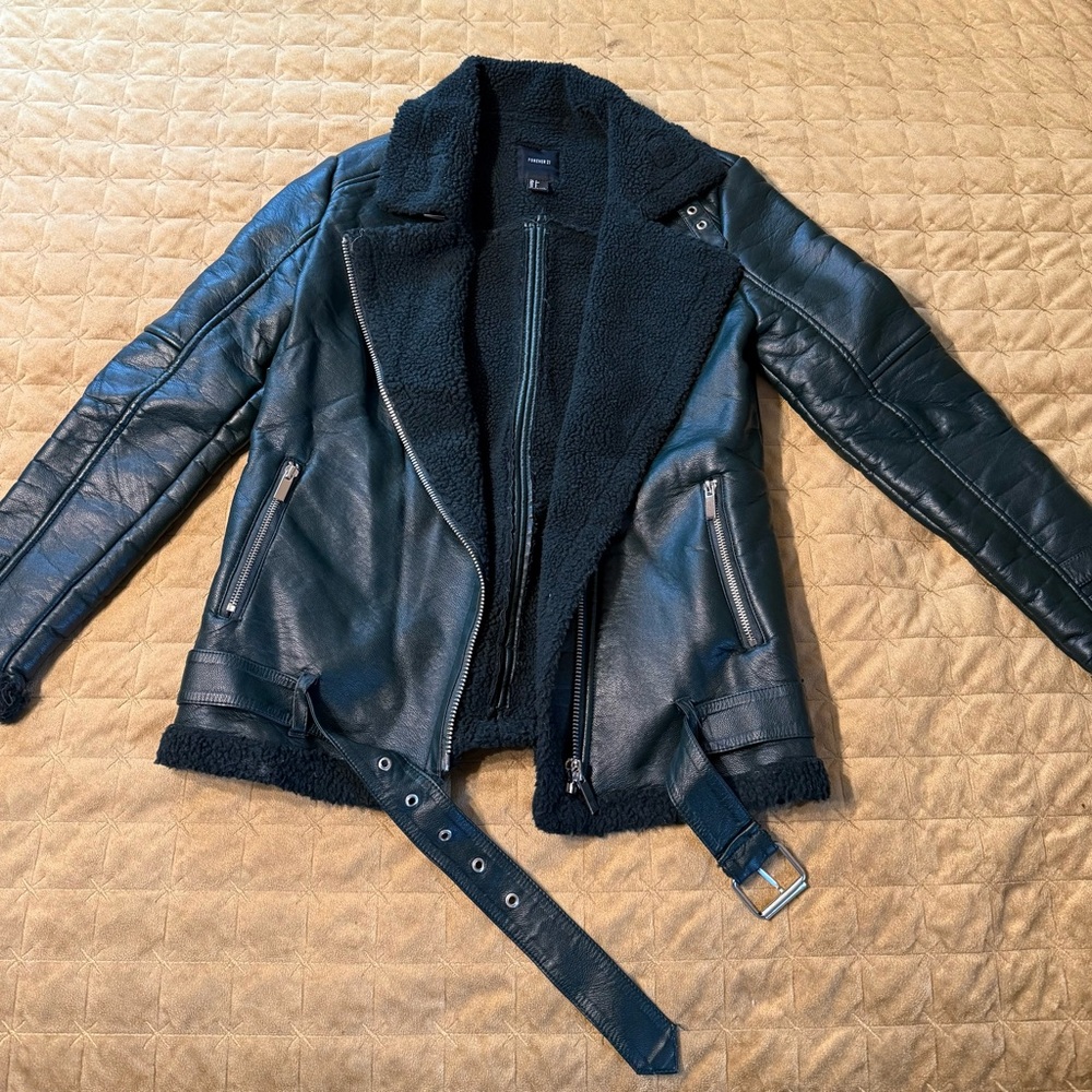 Forever 21 Black Leather Jacket with Shearling Lining